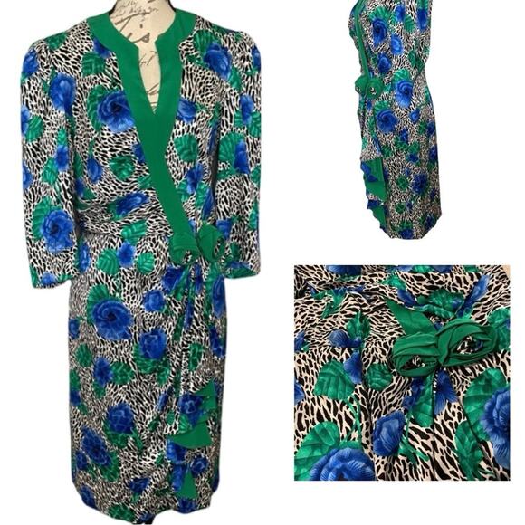 Vintage 80s Sylvia Michel Paris Silk Floral Leopard Print Faux Wrap Party Dress - Picture 1 of 15